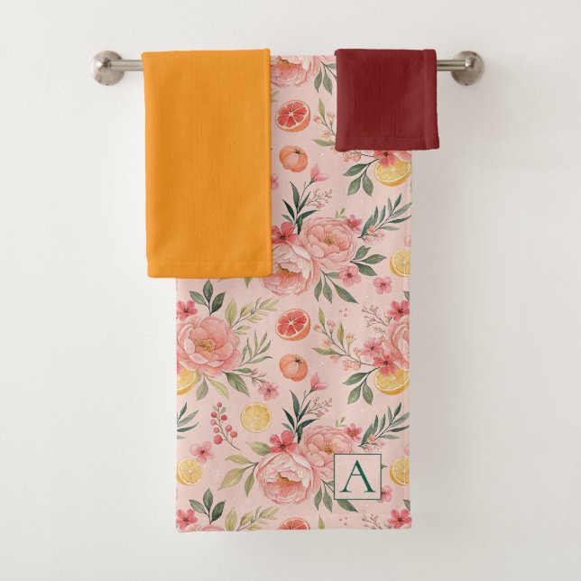 Lemon  Floral pink Peony rustic Pattern monogram Bath Towel Set (Insitu)