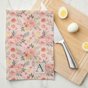 Lemon  Floral pink Peony rustic Pattern monogram Kitchen Towel