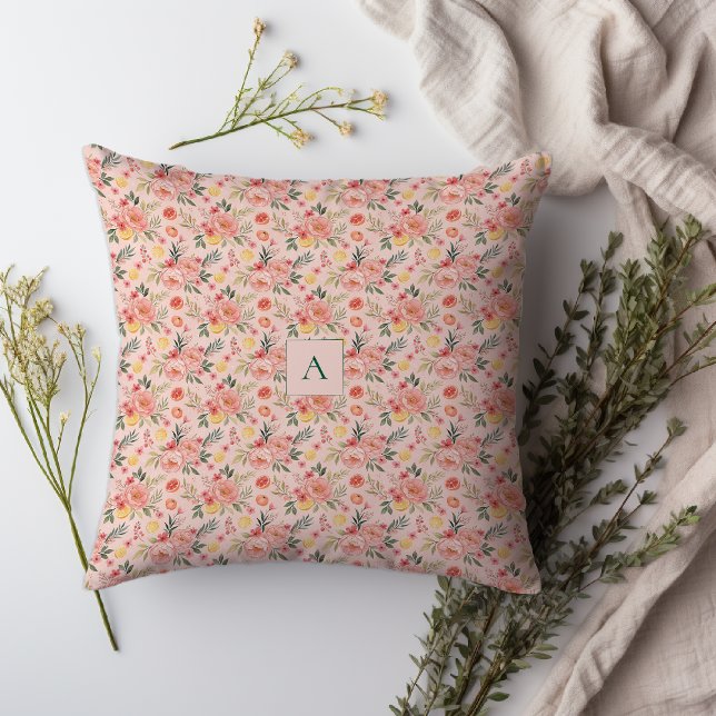 Lemon  Floral pink Peony rustic Pattern monogram Throw Pillow (The pretty pink design is bursting with lemons, sweet little flowers, and lovely peonies/)
