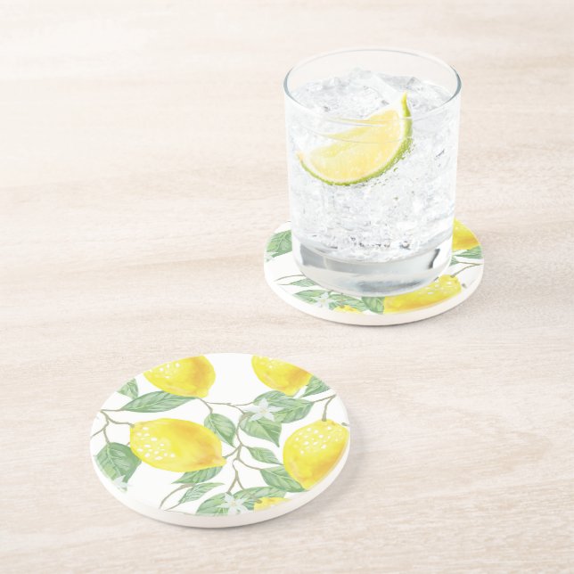  Lemon Floral Round Stone Coaster (Side)