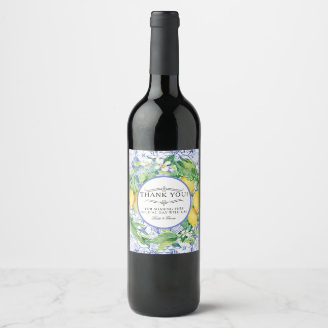 Lemon Floral Rustic Foliage Blue White Wedding Wine Label (Front)