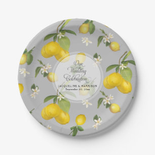 Lemon Flower Citrus Greenery Grey n Yellow Wedding Paper Plate