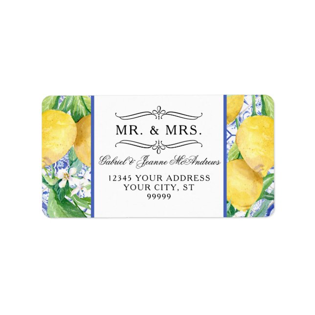 Lemon Foliage Citrus Floral Wreath Blue White Tile Label (Front)