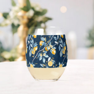 Lemon French Country Citrus Pattern  Stemless Wine Glass