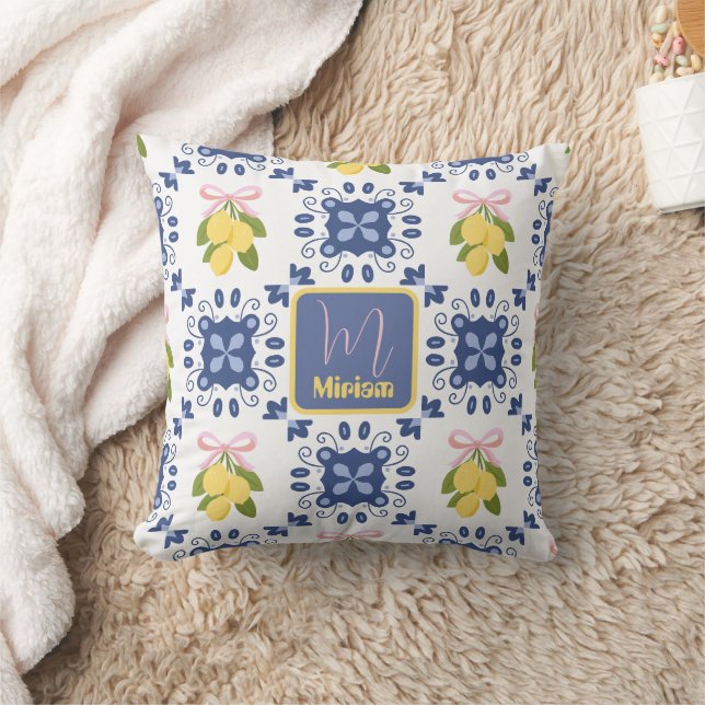 Lemon French Country Monogram Name Pattern Throw Pillow (Blanket)