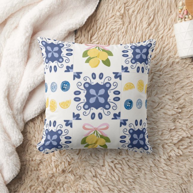 Lemon French Country Tile Elegant Modern Pattern Throw Pillow (Blanket)