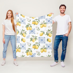 Lemon French Country Tile Pattern Yellow Blue Fleece Blanket