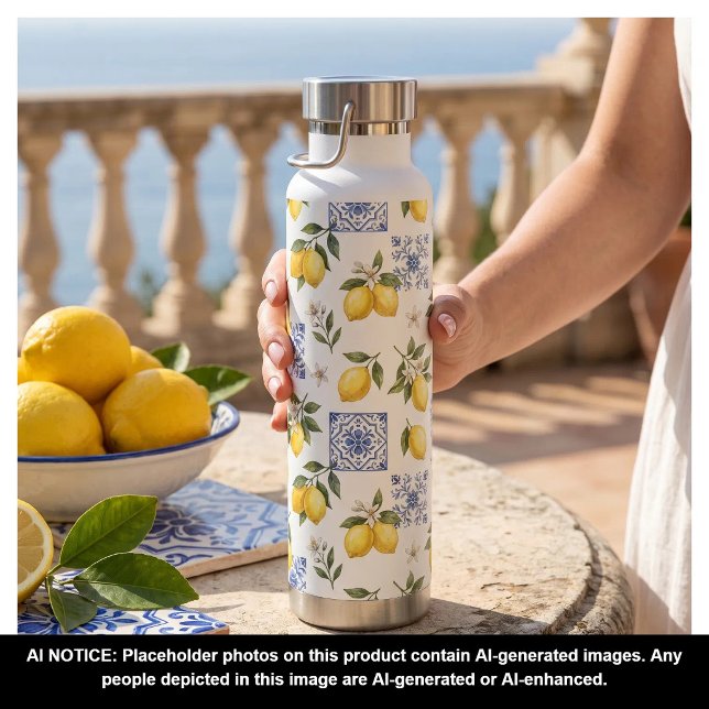 Lemon French Country Tile Pattern Yellow Blue  Water Bottle (Creator Uploaded)