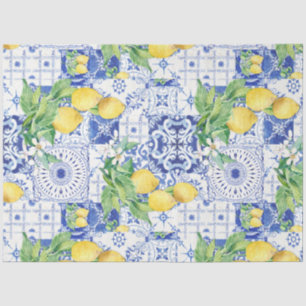 Lemon French Farmhouse Blue n White Tile Decoupage Tissue Paper