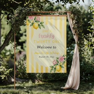 Lemon Freshly Yellow Stripes Floral 21st Birthday Poster