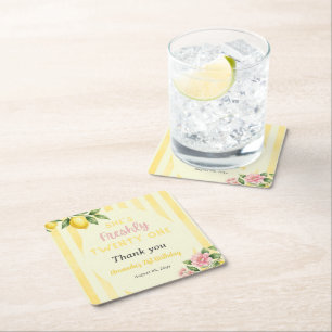 Lemon Freshly Yellow Stripes Floral 21st Birthday Square Paper Coaster