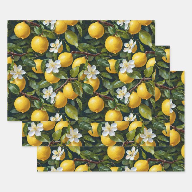 Lemon Fruit Blossom Art Painting  Wrapping Paper Sheet (Set)