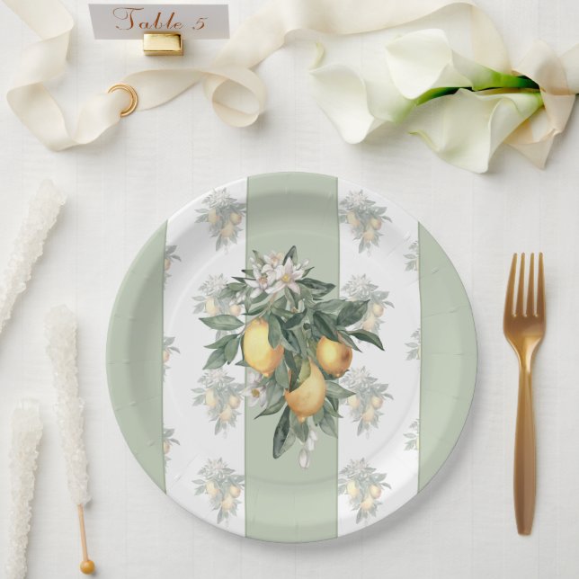 Lemon Fruit | Green & White Striped Paper Plate (Wedding)