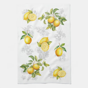 Lemon & Fruit Kitchen Towel White Yellow Grey