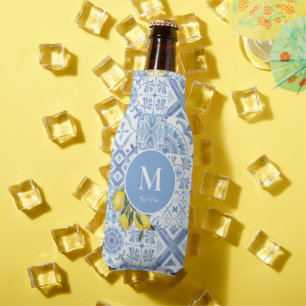 Lemon fruit monogram, blue tile bottle cooler