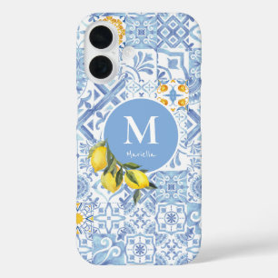 Lemon fruit monogram, blue tile iPhone 16 case