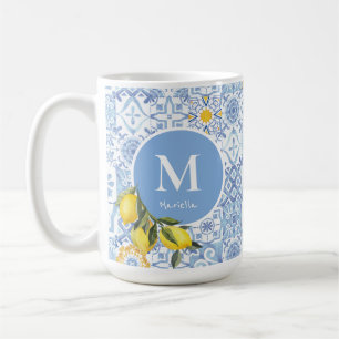 Lemon fruit monogram, blue tile coffee mug