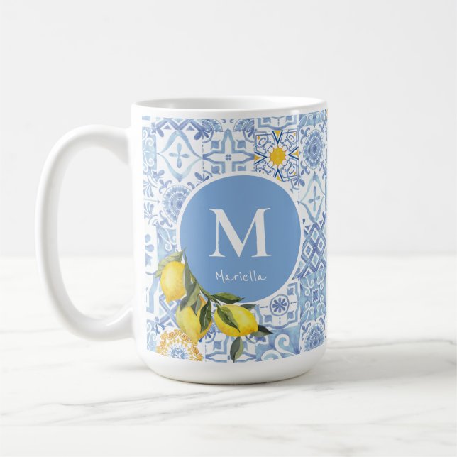 Lemon fruit monogram, blue tile coffee mug (Left)