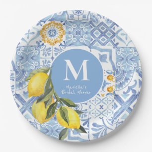 Lemon fruit monogram, blue tile paper plate