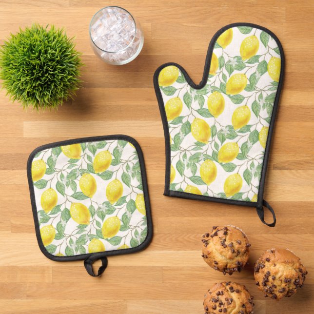 LEMON FRUIT PATTERN OVEN MITT & POT HOLDER SET (Top Down)