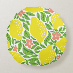 Lemon fruit pattern. Seamless summer citrus patter Round Pillow