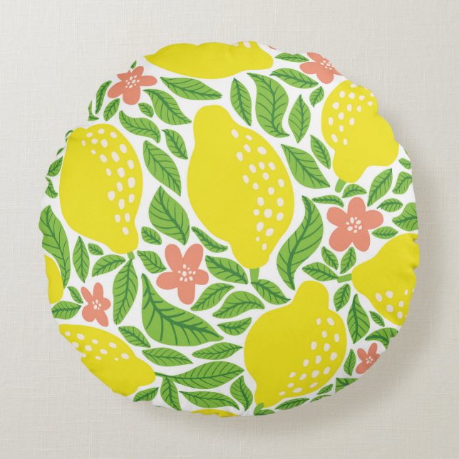 Lemon fruit pattern. Seamless summer citrus patter Round Pillow (Front)