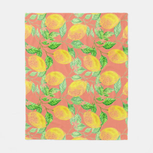 Lemon fruit pattern yellow and peach pink fleece blanket