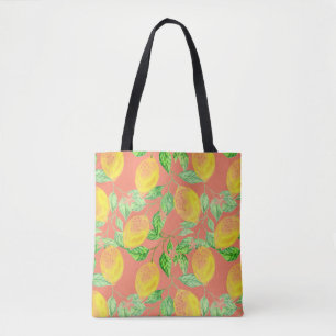 Lemon fruit pattern yellow and peach pink tote bag