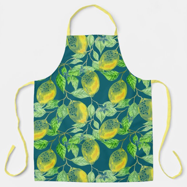 Lemon fruit pattern yellow blue green apron (Front)