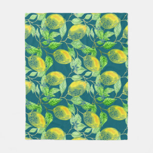 Lemon fruit pattern yellow blue green fleece blanket