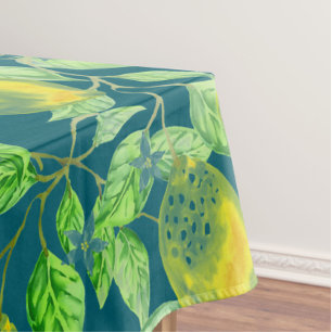 Lemon fruit pattern yellow blue green vintage tablecloth