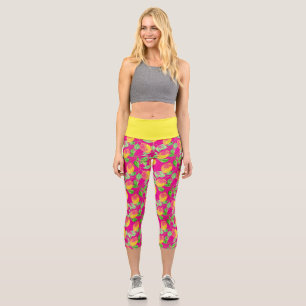 Lemon fruit pattern yellow pink green capri leggings