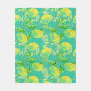 Lemon fruit pattern yellow turquoise green fleece blanket