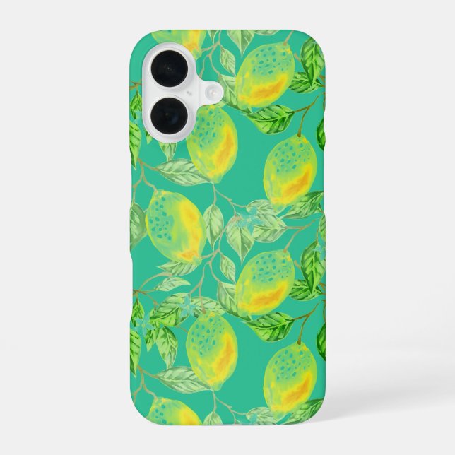 Lemon fruit pattern yellow turquoise green iPhone 16 case (Back)