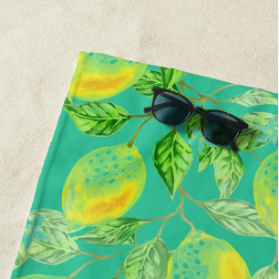 Lemon fruit pattern yellow turquoise green vintage beach towel