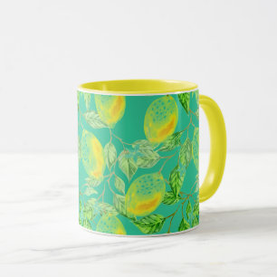 Lemon fruit pattern yellow turquoise vintage mug