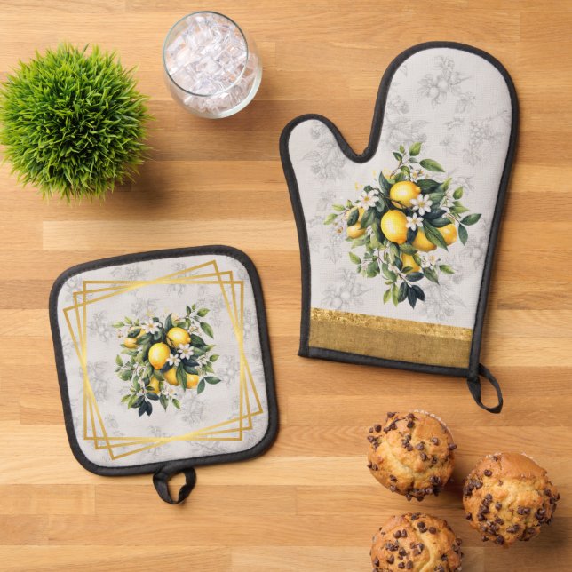 Lemon & Fruit Positano Style Oven Mitt & Pot Holder Set (Top Down)
