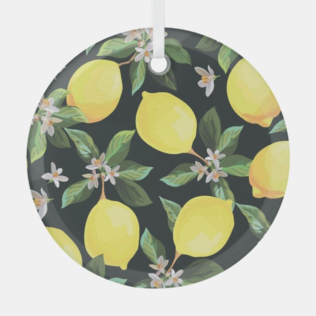Lemon Fruit: Seamless Pattern Design Glass Ornament (Front)