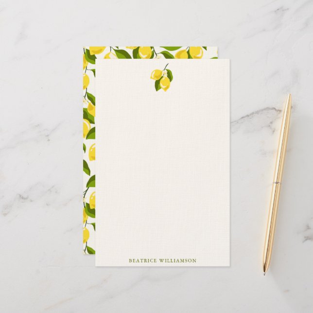 Lemon Fruit Watercolor Pattern Personalized Name Stationery (Front/Back In Situ)