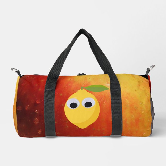 Lemon, fruit with googly eyes and apple       duffle bag (Front)