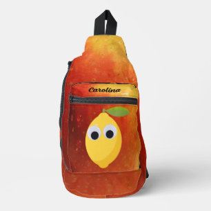 Lemon, fruit with googly eyes and apple       sling bag