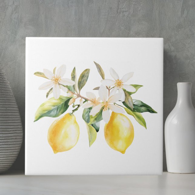 Lemon Fruits and White Flowers Tree Branch Tile (Close up)
