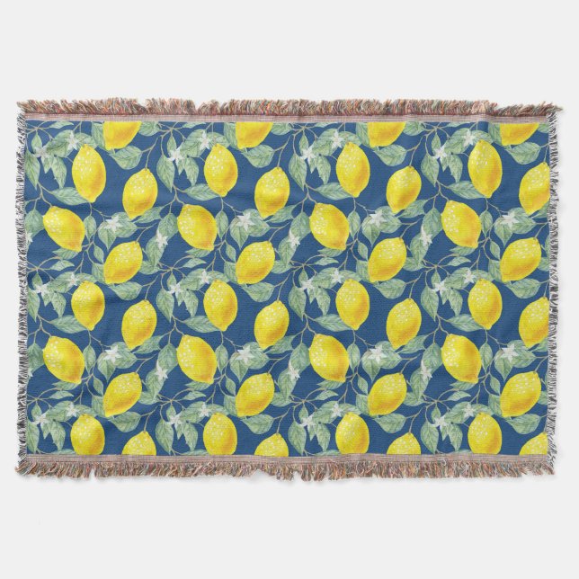 LEMON FRUITS IN COUNTRY BLUE THROW BLANKET (Front)