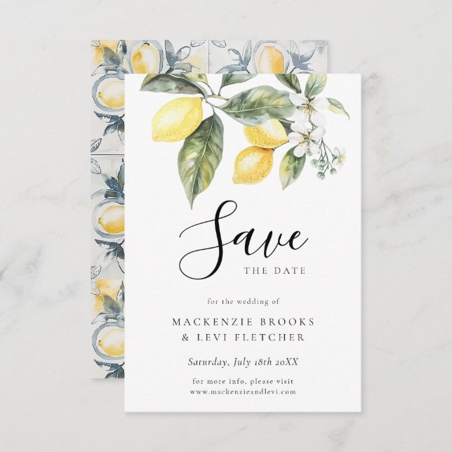 Lemon Garden Mediterranean Watercolor Wedding Save The Date (Front/Back)