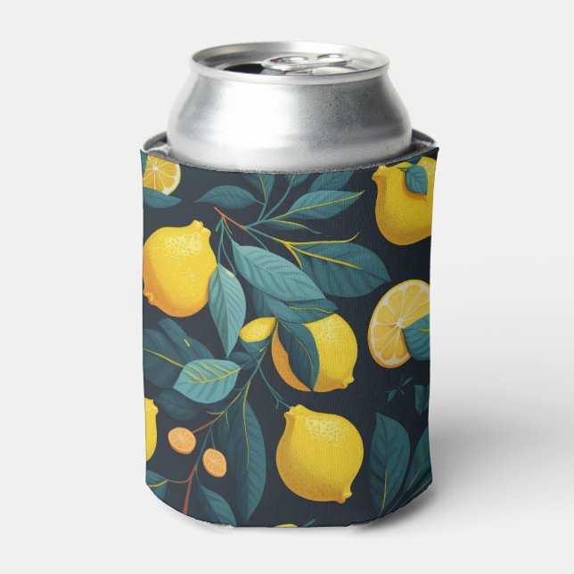 Lemon garden pattern. Yellow tropical citrus fruit Can Cooler (Can Front)