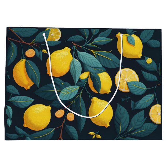 Lemon garden pattern. Yellow tropical citrus fruit Large Gift Bag (Back)