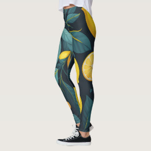 Lemon garden pattern. Yellow tropical citrus fruit Leggings