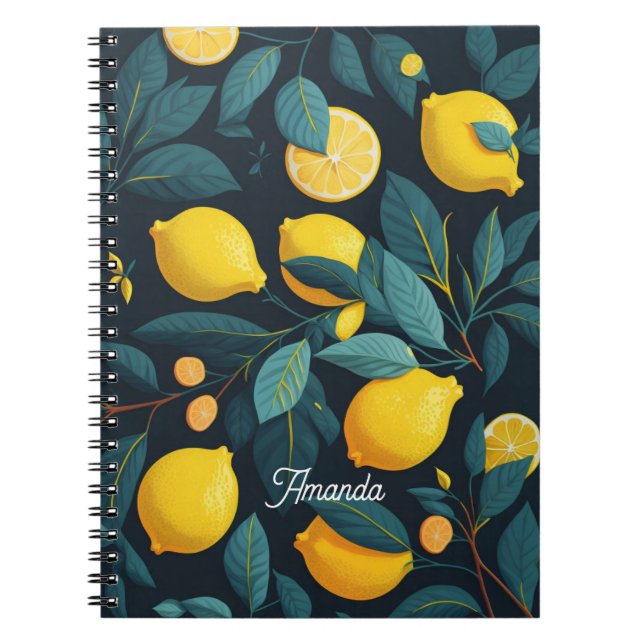 Lemon garden pattern. Yellow tropical citrus fruit Notebook (Front)