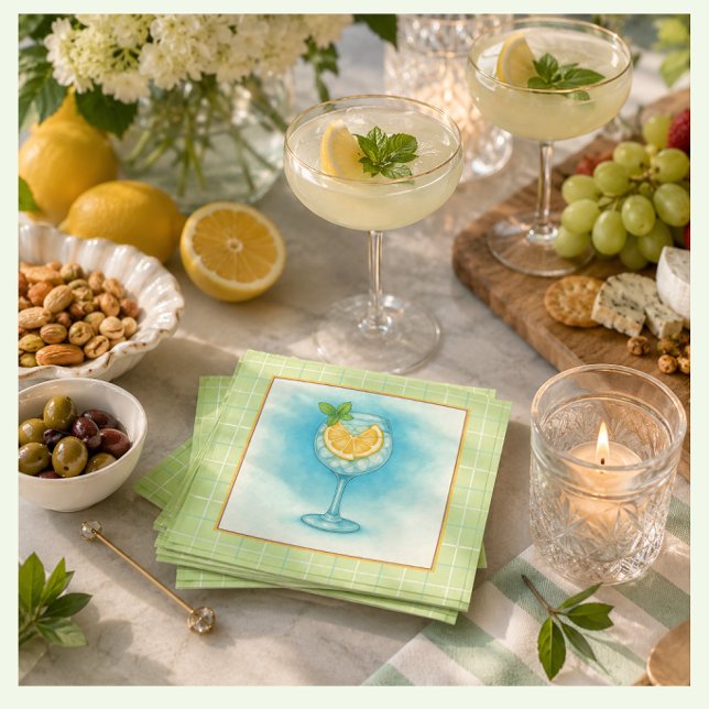 Lemon Gin & Tonic Garden Party Cocktail Napkins (Elegant lemon mint cocktail napkins for garden parties, happy hour, and stylish entertaining.)
