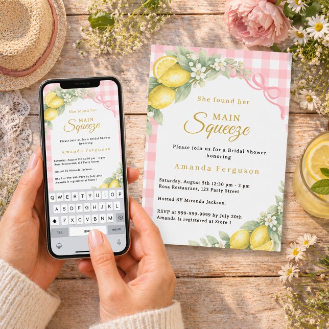 Lemon gingham pink main squeeze bow Bridal Shower Invitation (Creator Uploaded)